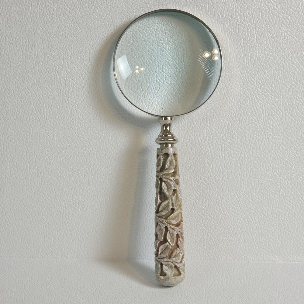 Carved Stone Leaf Handle Magnifying Glass Decorative Desk Reader Tool Office - Picture 1 of 8